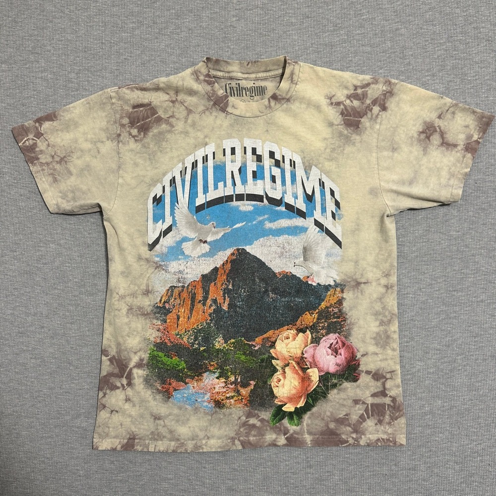 Civil Regime Tie Dye Graphic T-Shirt Mountain Doves Flowers Tan Brown Mens M